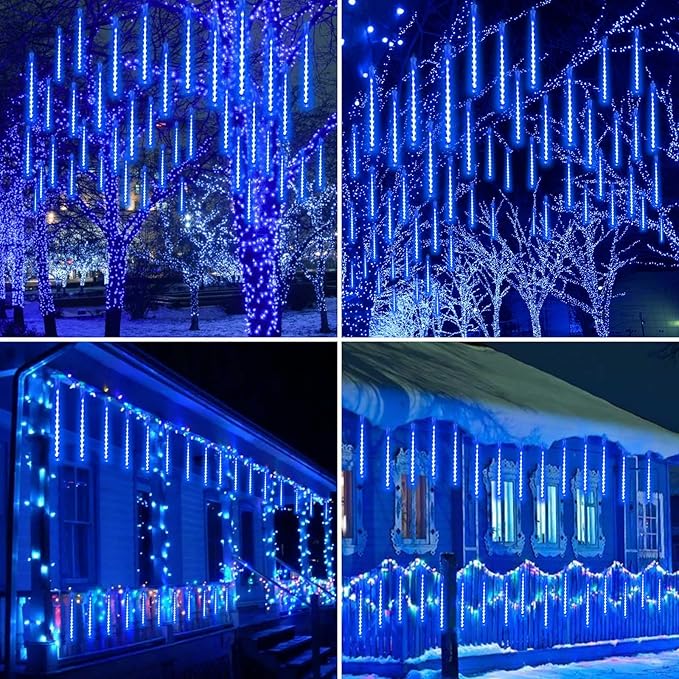 2 Pack Extendable Christmas Lights Decorations Outdoor 16 Tubes 384 LEDs Meteor Shower Lights with Timer Cascading Falling Raindrop String Light Plug in for Holiday Graden Yard Tree Xmas Decor (Blue)
