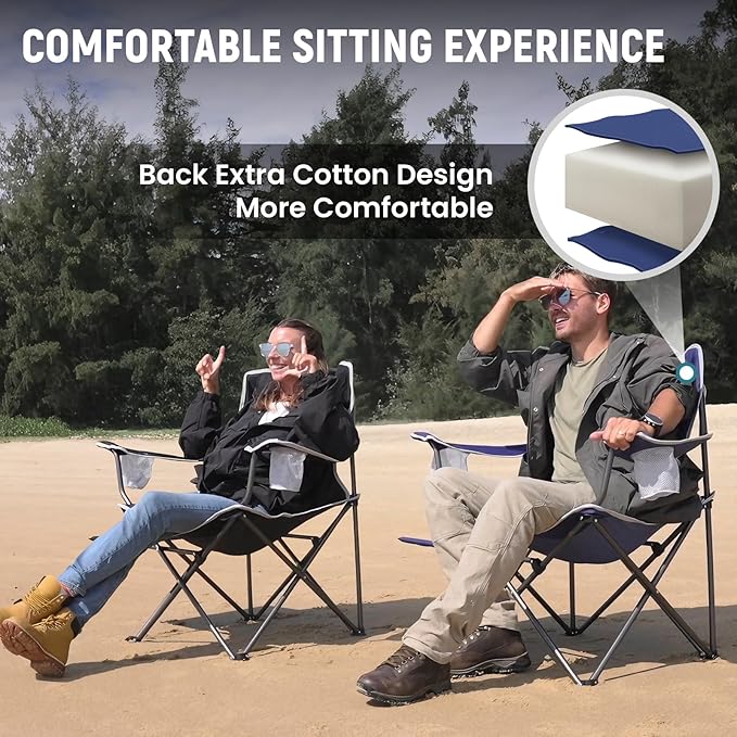 FUNDANGO Folding Camping Chairs for Adults 2 Pack Oversized Beach Chairs with Table Tray Heavy Duty Lawn Chair with Cup Holders for Sports Outdoor Camp(Blue)