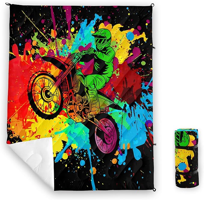 Axolotl Dirt Bike Camping BlanketMotor Vehicles Biker Puffy Printed BlanketMotocross Racer Packable Outdoor BlanketColorful Ink and Oil Paintlightweight Backpacking for CampingPicnicHikingBeach