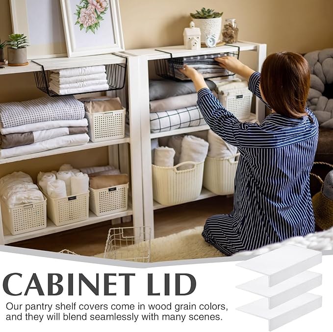 Hoolerry 3 Sets Wire Shelf Covers Wood Wire Rack Covers for Shelving Pantry Closet Removable Closet with 18 Grain Stickers for Pantry Home and Kitchen Organization(24 x 12 InchWhite)
