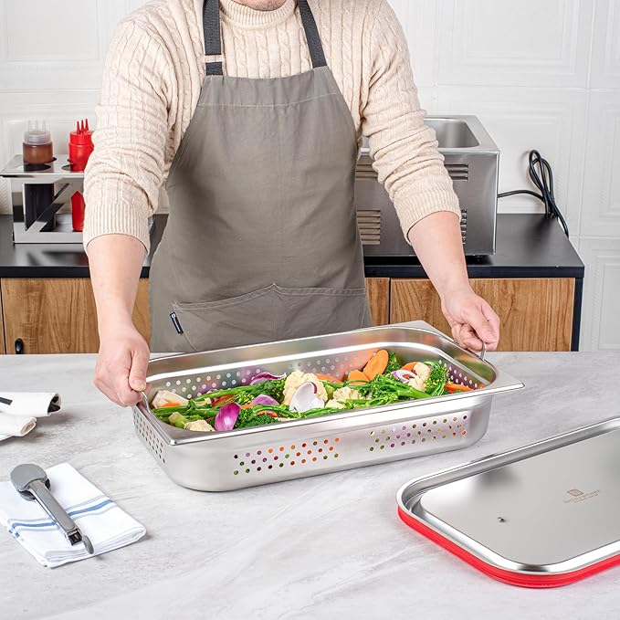 Restaurantware Perforated Steam Table Pan - Full Size - 4 Deep - Collapsible Handles - Anti Jam - Commercial Grade Stainless Steel - 1ct Box - Met Lux