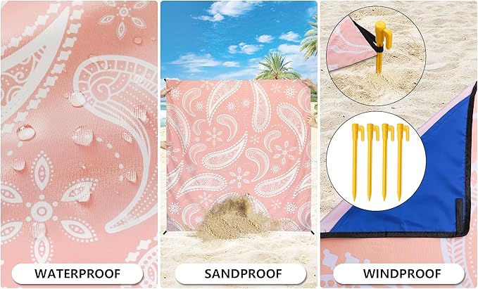 Beach Blanket Waterproof Sandproof Extra Large Beach Mat 79 X 83/120x108for 1-8 Adults Quick Drying Durable Outdoor Picnic Mat for Beach Travel Camping Hiking