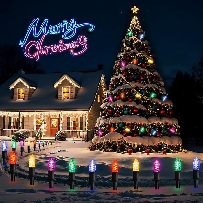 GAGALIFE 29Ft C9 Christmas Pathway Lights Outdoor - 25 LED Lights with 25 Marker Stakes for Walkway Waterproof Plug in C9 Christmas Light Outdoor for Driveway Yard Lawn Decorations Multicolor