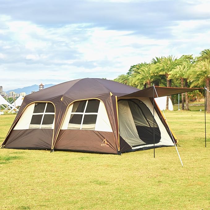 KTT Extra Large Tent 12 PersonFamily Cabin TentsAwning2 Rooms4 Doors and 4 Windows with MeshStraight WallWaterproofDouble LayerBig Tent for OutdoorPicnicCampingFamily Gathering