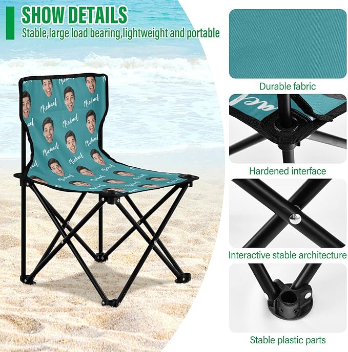 Sinestour Teal Blue Custom Photo Folding Camping Chair for Teen Child Personalized Name 14.6×14.6in Portable Outdoor Chair with Carry Bag for Travel Barbeques Picnic