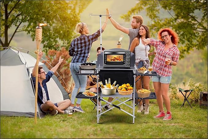 Nice C Camping Kitchen Station Camping Table Picnic Table Grill Table Folding Table Upgrade Light Stand and Windshield Cooking Station &amp Organizers Carry Bag for Beach Picnic (Silver/Black)
