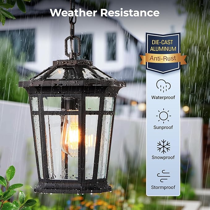 VIANIS Large Outdoor Pendant Light Oil Rubbed Bronze Outside Hanging Lights Hanging Porch Light Fixture with Adjustable Chain 100% Aluminum Waterproof Anti-Rust Ceiling Lighting for House Doorway