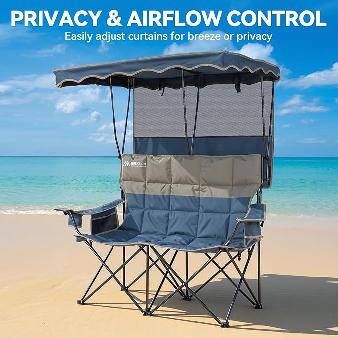 Double Beach Chair With Canopy Shade Camping Chair With Canopy Oversized Double Camping Chair With Canopy Folding Loveseat Chair With Two Cup Holders and Cooler Bag For CampingBeach Fishing