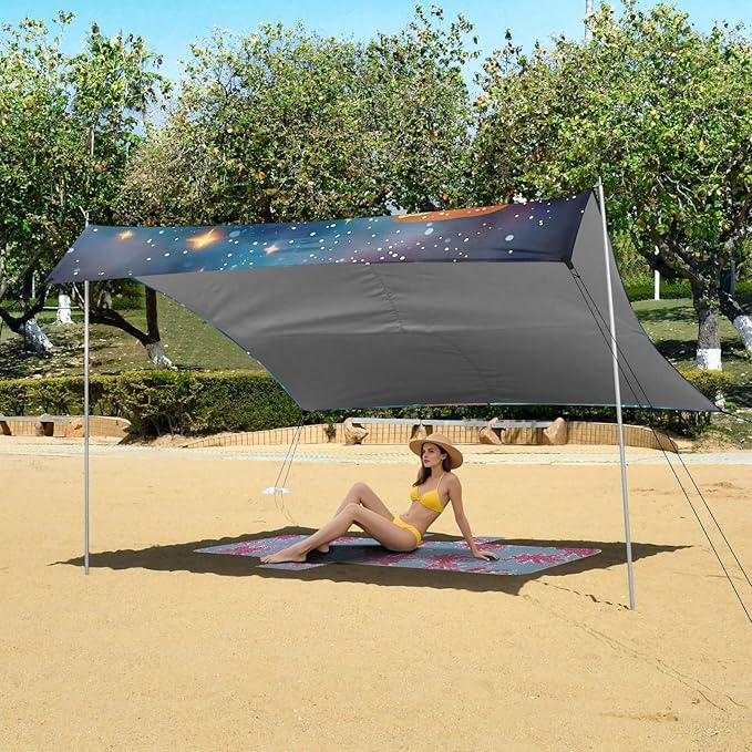ALAZA Otter Rushroom Starry Beach Tent Sun Shelter UPF50+ Protection Beach Shade Canopy w/ 4 Sandbags for Outdoor Camping Fishing Backyard Fun Picnic 10x9 ft