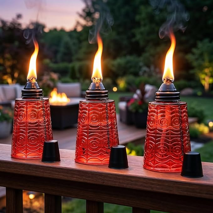 Seraphic Citronella Table Top Torches for Outdoor Patio 16oz Decorative Glass Torch Citronella Candles for Outside Deck Garden Parties Set of 3 Red