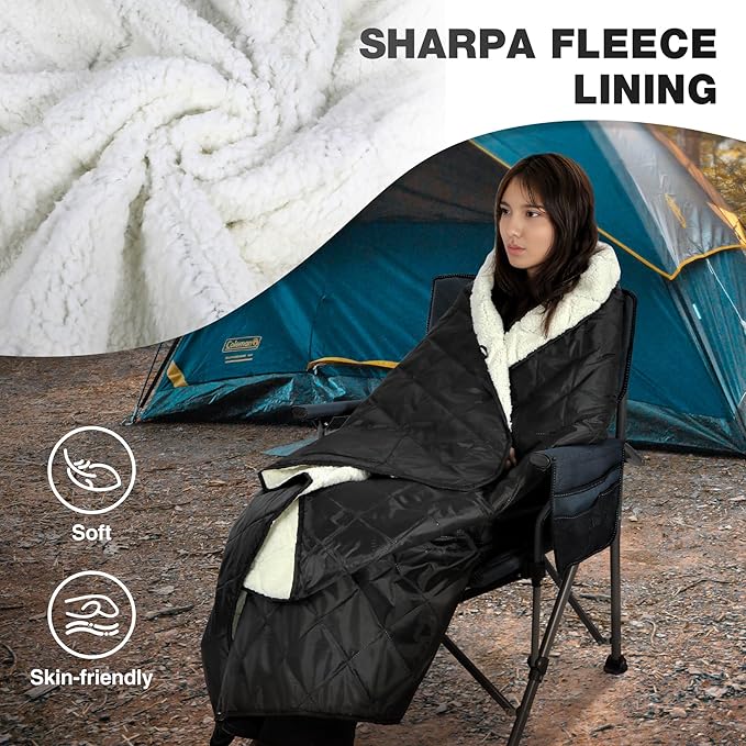 REDCAMP 59x79 Large Warm Camping Blanket Waterproof Windproof with Fleece Lining Outdoor Blanket for Cold Weather Stadium Picnic Travel Machine Washable Black &amp White