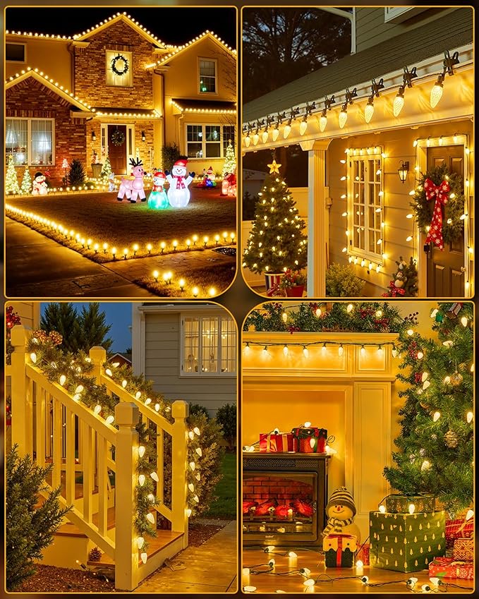 Minetom C9 Christmas Lights Outdoor 88FT 110LED String Lights with 8 Lighting Mode Waterproof Connectable UL Certified Warm White C9 Christmas decorations for Indoor Outdoor Patio Roofline Decor 2PC