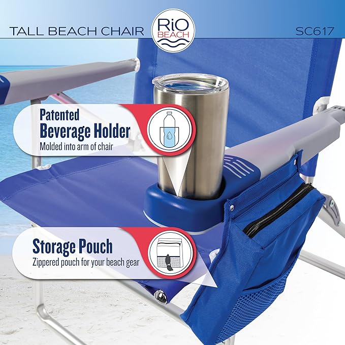 Rio Beach 2-Pack 17 Extended Height 4-Position Folding Beach Chair Blue/White