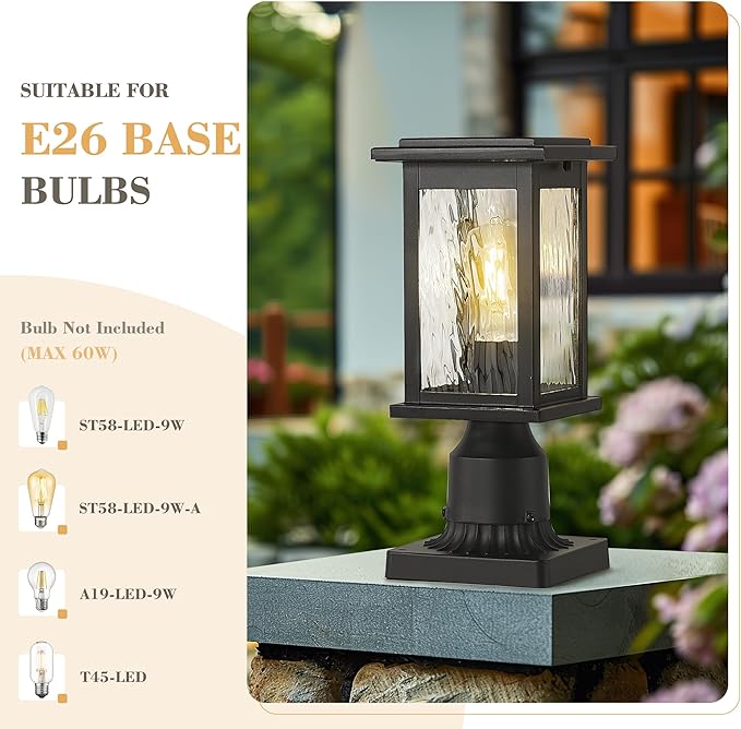 Emliviar 2-Pack Outdoor Pole Lightings Black Pole Lamps with Water Ripple Glass Exterior Colummn Lights for Lawn Porch and Yard 1803EW1-P-2PK-WP