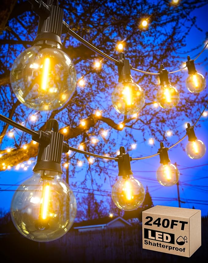 Outdoor String Lights Waterproof 240FT Patio Lights with 124 Shatterproof G40 Globe Bulb(4 Spare) Connectable Dimmable Hanging LED String Lights for Outside Backyard Porch Balcony(120FTx2)