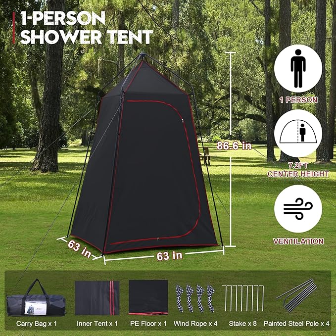 Camping Shower Tent Portable Outdoor Privacy Shelter for Showering &amp Changing 7.2 FT Easy-Setup Toilet Tent with Floor &amp UPF 50+ Ideal for Hiking Fishing Beach
