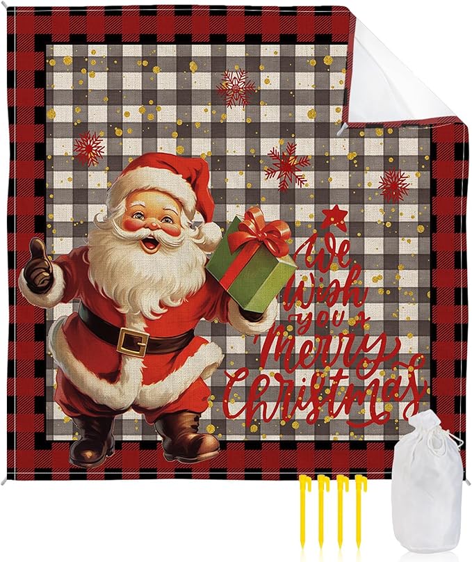 Beach Blanket Waterproof Sandproof Santa Claus Christmas Winter Snowflakes Quick Drying Beach Mat with 4 Stakes Red Black Buffalo Plaid Lightweight Picnic Blanket for Travel Camping 118x108