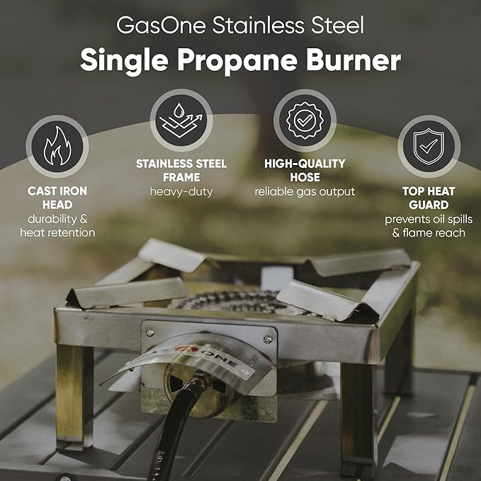 GasOne Stainless Steel Single Propane Burner - Outdoor Cooking with Heat Shield and Guard – Propane Burner Head for Camping Tailgating Seafood Boil Home Brewing - Patent Pending
