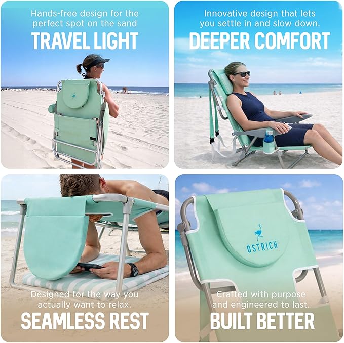 Ostrich the Heavy-Duty Backpacker Portable Beach Chair with Face Hole Adjustable Lounge Chair with Face Opening Cup Holder &amp 325lb Capacity Teal