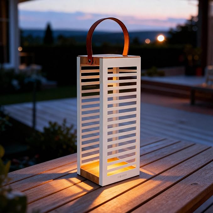 Solar Lantern with Handle - Outdoor Metal Solar Light (7.87×19.69) Waterproof &amp Rustproof 8H Auto-On Warm White Light Portable for Patio Porch Balcony &amp Garden Decor (White - 1 Pack)