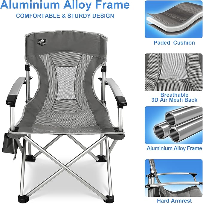 Lightweight Folding Hard Arm Camping ChairMesh BackHeavy DutyPadded Backpack Camp Chair w/Cup HolderCooler Bag for Adults Garden PartiesGrey
