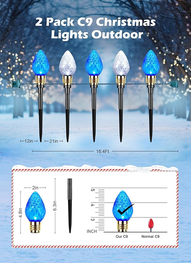 Brightown 2 Pack Strawberry C9 Christmas Pathway Lights Outdoor - Total 34.8 Feet 20 LED Christmas Walkway Lights Christma Light Outdoor Decorations for Yard Lawn Holiday Outside Blue &amp Pure Whi