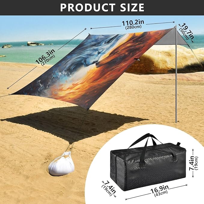 ALAZA Ice Wolf &amp Fire Wolf Beach Tent Sun Shelter UPF50+ Protection Beach Shade Canopy w/ 4 Sandbags for Outdoor Camping Fishing Backyard Fun Picnic 10x9 ft