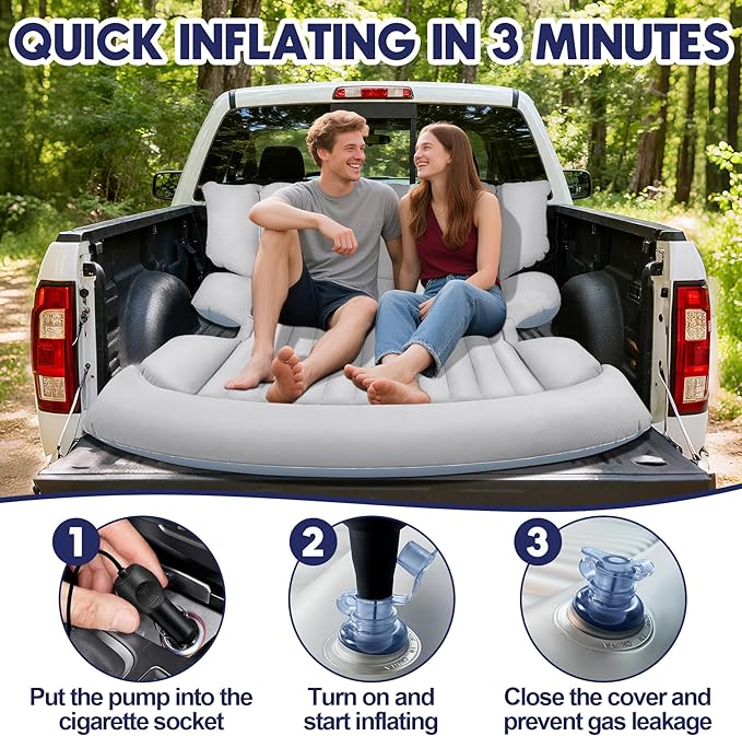 SUV Air Mattress with Air PumpThickened Camping Bed with 2 PillowsPortable Car Air MattressQuick Easy Set-UpInflatable Bed for carDurability Car Bed for SUVHomeTravelCamping(GreyWhite)