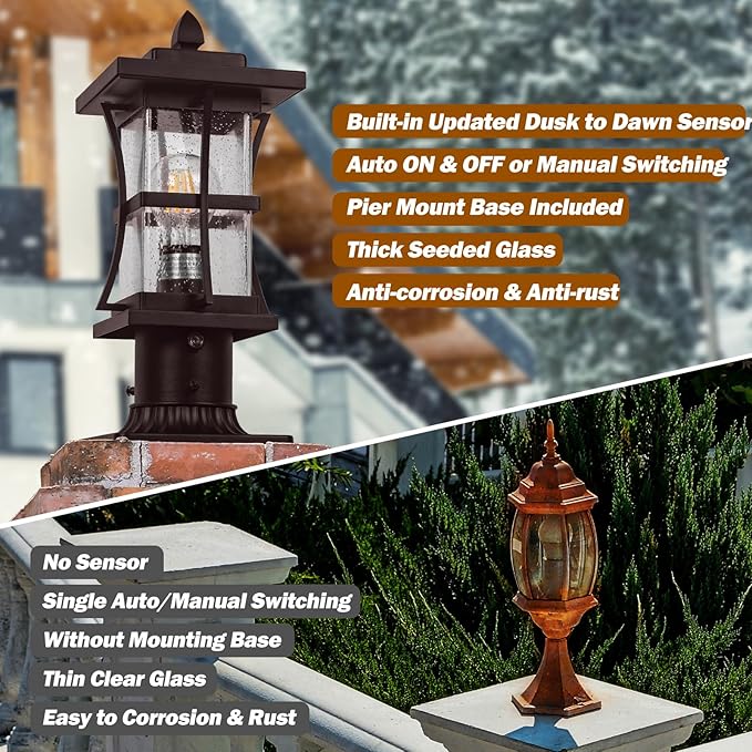 Dusk to Dawn Bronze Outdoor Post Light Fixtures with Pier Mount Base 2 Packs Outdoor Pole Lighting Waterproof Pillar Lantern Farmhouse Outside Column with Seeded Glass for Pathway Garden Patio