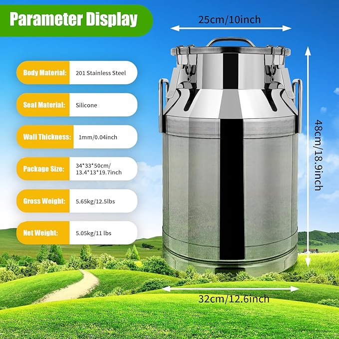 Stainless Steel Milk Can 30L/8Gal Metal Airtight Canister Food Storage Container with Lid &amp Clamps Bean Rice Cereal Storage Bucket for Kitchen Restaurant W12.6*H18.9in