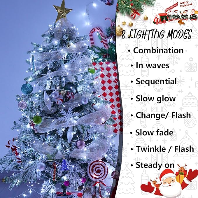 YEGUO 165ft 500 LED White Christmas Lights Outdoor Waterproof Clear Wire String Lights Indoor Twinkle Tree Lights Plug in with Timer Memory