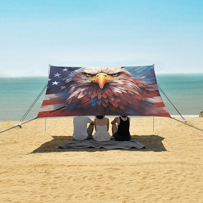 ALAZA American Flag Eagle Portrait Beach Tent Sun Shelter UPF50+ Protection Beach Shade Canopy w/ 4 Sandbags for Outdoor Camping Fishing Backyard Fun Picnic 10x9 ft