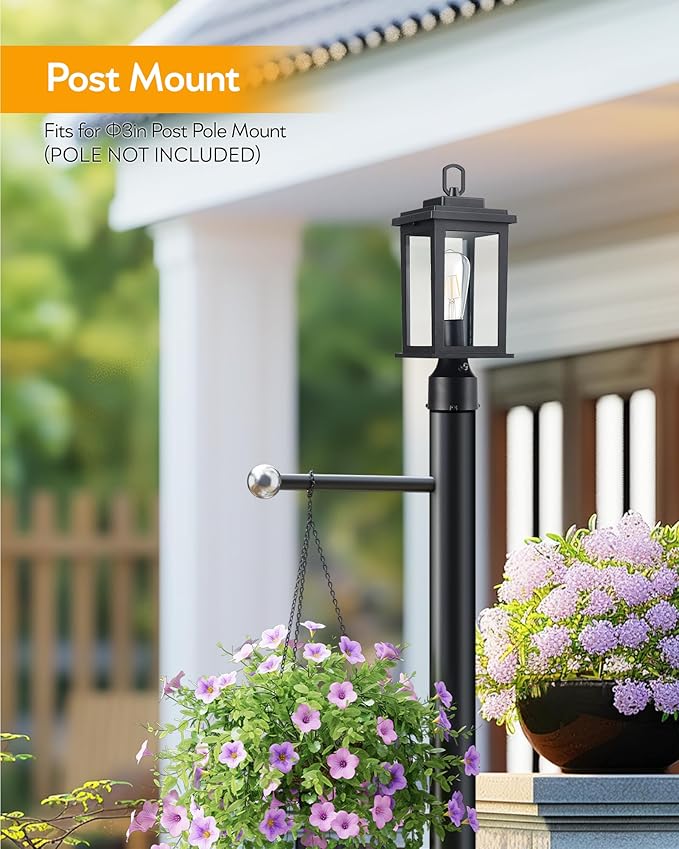 VIANIS Post Lights Outdoor 2 Pack Outdoor Post Lights Dusk to Dawn Black Pole Lights Outdoor with Tempered Glass Post Lantern for Garden Driveway Entryway Anti-Rust (Hardwired Non-Solar)