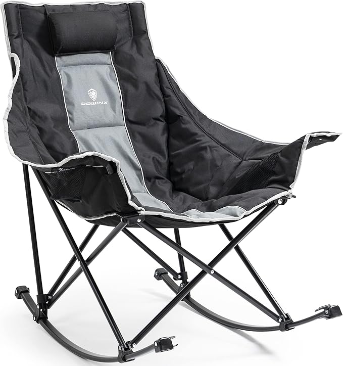 Dowinx Oversized Rocking Camping Chair Fully Padded Patio Chair with Side Pocket and Carry Bag High Back Portable Lawn Recliner with Headrest Support 300 lbs Grey