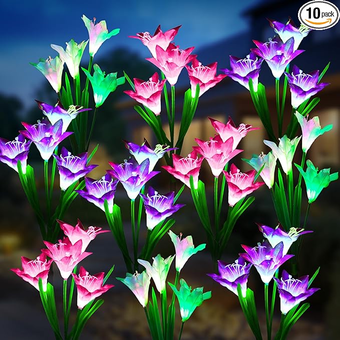 KOOPER Outdoor Solar Lights 10 Pack Solar Garden Light with Bigger Lily Flowers Waterproof 7 Color Changing Solar Lights Outdoor - Bigger Panel for Patio Yard Garden Decoration Gift for Mom