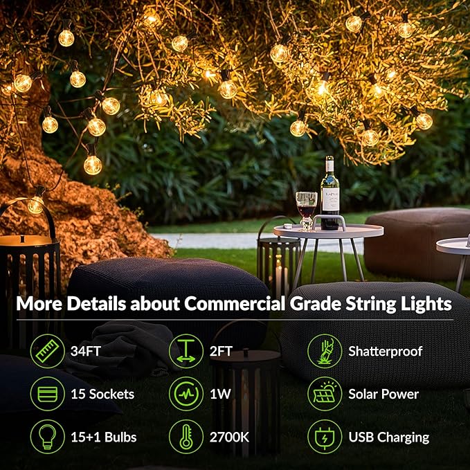 Lakumu 34FT G40 Solar String Lights Globe Outdoor String Lights with 15 E12 Waterproof LED Bulbs 2700K Shatterproof Patio Lights Solar Powered Hanging Lights