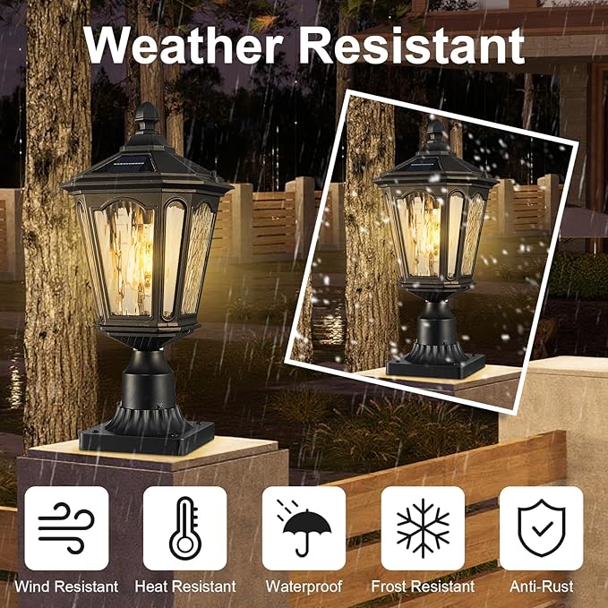 LED Post Solar Light Outdoor Dusk to Dawn Waterproof Pole Lighting with Remote Control Exterior Pillar Lantern 3 Lighting Modes Outside Solar Lamp for Patio Porch Garage Garden Pathway