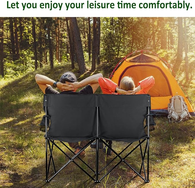 Leonyo Oversized 2 Person Camping Chair Double Camping Loveseat Chair for Adults Foldable &amp Comfortable Double Seat for Lawn Backyard Beach Sports Movie Grey