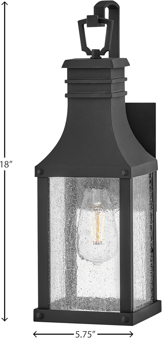 Hinkley Beacon Hill Single Light Wall Mount Outdoor Lantern – Aluminum Clear Seedy Glass Panes Old World Charm – Museum Black Finish