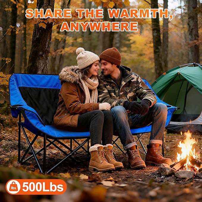 CypherX Heated Double Camping Chair with 3 Heat Levels- Heated Loveseat Chair for 2 Person Heavy Duty Oversized Padded Folding Camping Couch for Adults Outdoor Sports Lawn Portable Chairs (No battery)