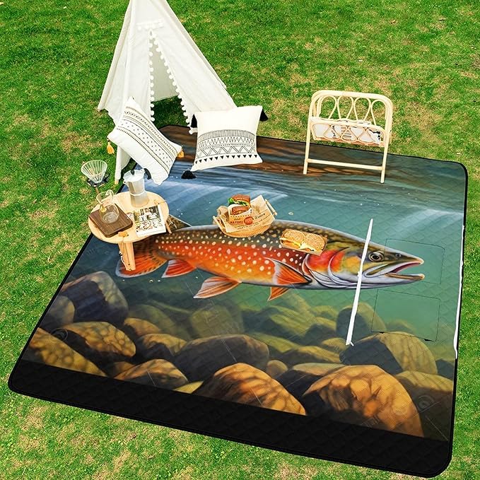 Brook Trout Fly Fishing_79629943 Print Zipper Style Picnic Mat Waterproof &amp Heat-Insulating Foldable Into A Shopping Bag