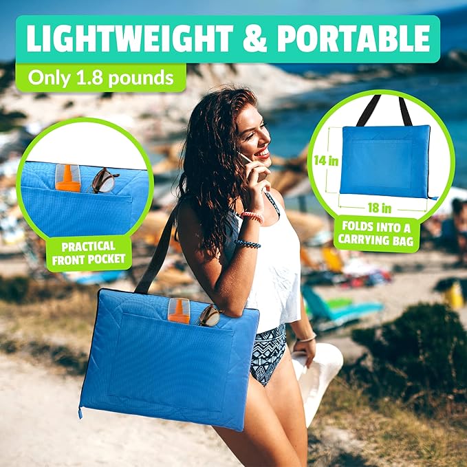 Beach Blanket Sand Proof &amp Outdoor Picnic Blanket - Water Resistant Large Mat for Camping or Travel. Washable Foldable Easy Carry Compact Tote Bag (Green/Blue Plaid)
