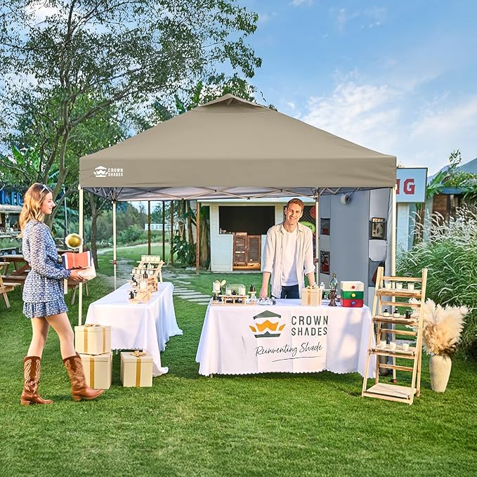 CROWN SHADES Canopy Tent 10x10 Pop Up Canopy Outdoor Shade with Pockets Sidewall Easy Up Sun Shelter with One Person Set Up Center Lock Portable Instant Camping Beach Canopy Tents Beige