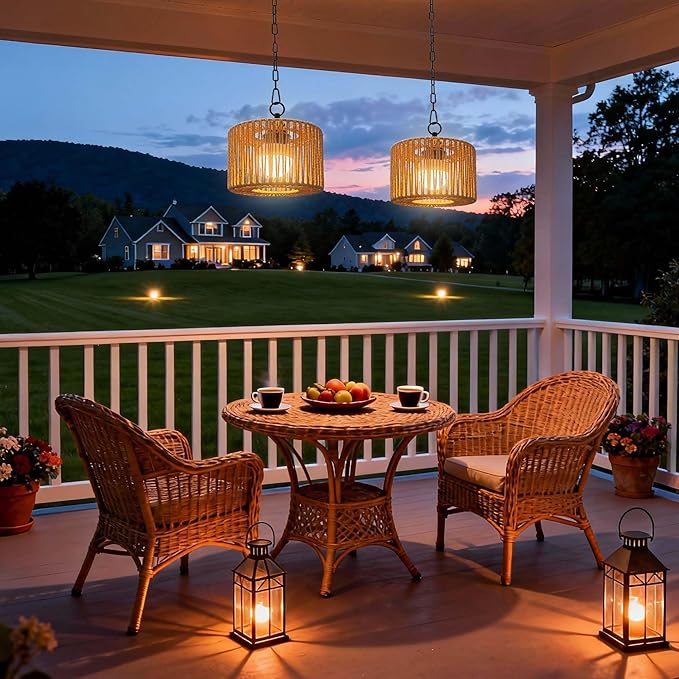 Battery Operated Chandelier Rechargeable Outdoor Pendant Light Cordless with RGB LED Bulb Boho Hanging Lights with Remote for Gazebo Porch Patio Pergola Indoor DecorSet of 2
