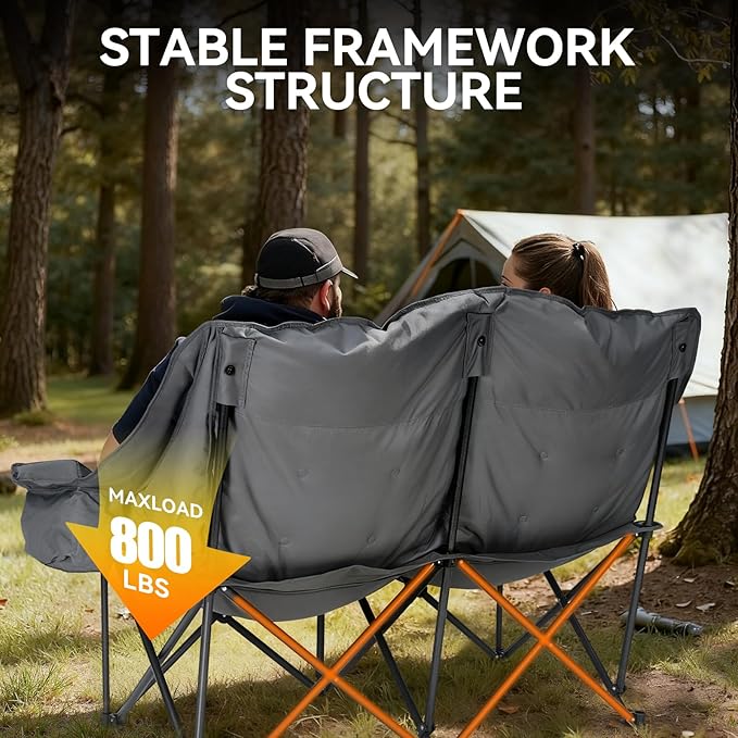 Padded Double Camping Chair High Back 2 Person Camping Chair Oversized Camping Loveseat Support 800LBS Heavy Duty Camping Couch with Cup Holders Cooler Carry Bag Blue