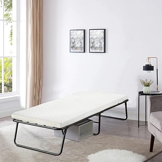 Spring Coil 14” Folding Bed with 3-Inch Luxurious Memory Foam Mattress Strong and Sturdy Metal Frame Portable Guest Bed for Easy Storage 31-Inch White