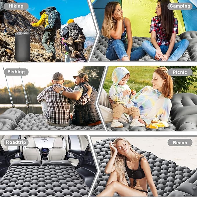 Double Sleeping Pad Camping Self Inflating 4'' Extra-Thick 2 Person Pillow Built-in Foot Pump Waterproof Inflatable Sleeping Mat Backpacking Tent Hiking Portable Camping Pad (Grey-Full)
