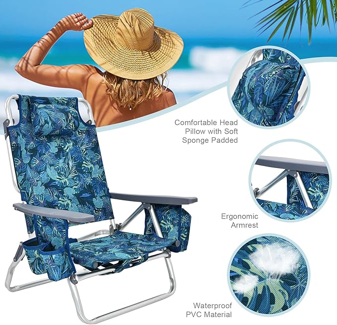 COSTWAY Backpack Beach Chairs Set 3-Piece Portable Camping Chairs with Cup Holder Ice Bag 5-Position Outdoor Reclining Chairs for Adults Travel Sunbathing Support 300 LBS Navy