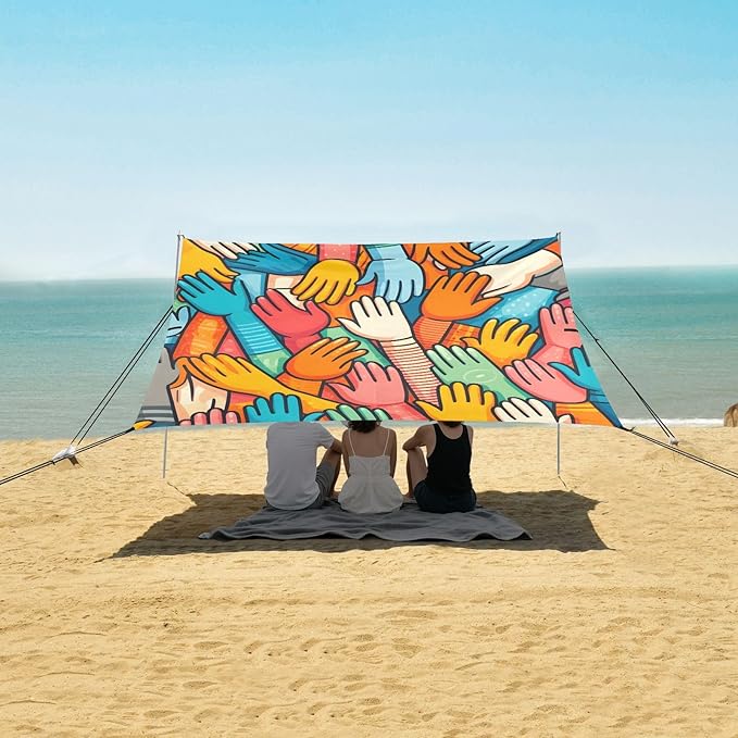 Diverse Colorful People Hands Camping Sun Shelter Beach Tent Portable Beach Sun Shade Outdoor Canopy for Camping Trips Fishing Picnic