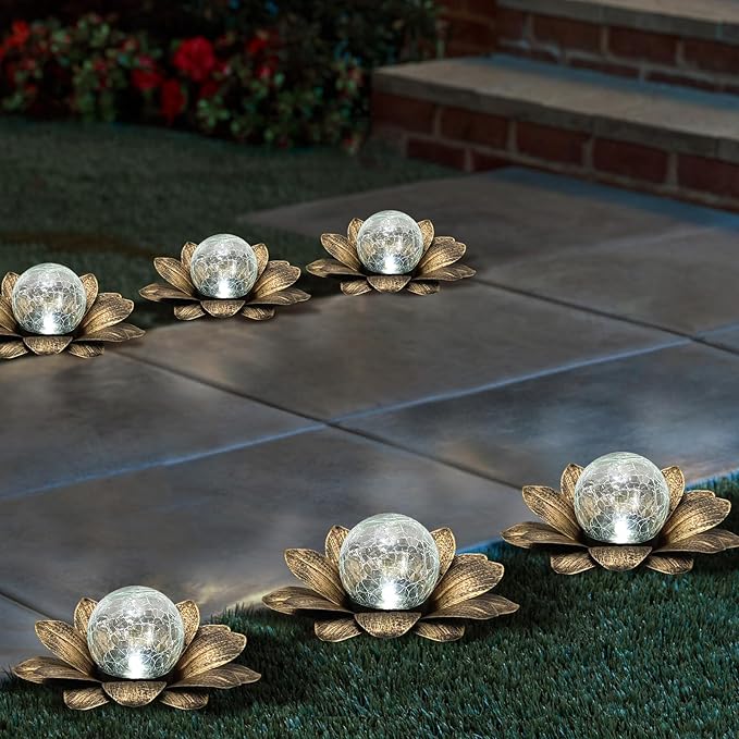 LEWIS&ampWAYNE Solar Garden Lights Outdoor 3 Pcs Coppery Lotus Flower Pathway Lamps with Cool White Crackle Glass Globe Led Lights for Patio Pathway Yard Balcony Garden Decorations